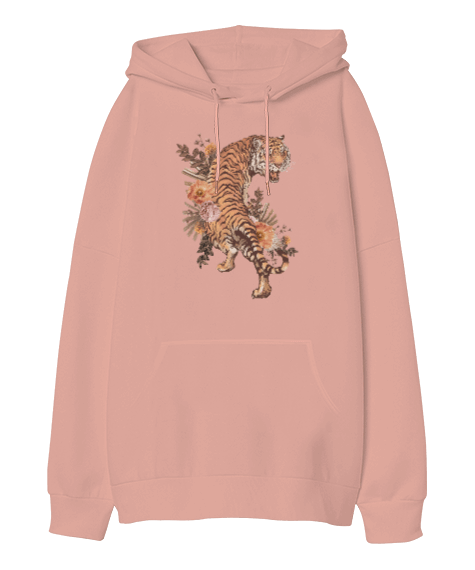 Tisho - Çiçekli Tiger Kaplan Oversize Unisex Kapüşonlu Sweatshirt