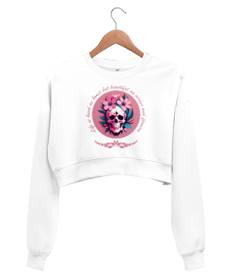 Tisho - Çiçekli ve Pembe Renk Kurukafa_01 Beyaz Kadın Crop Sweatshirt