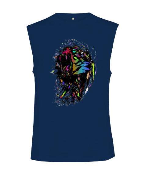 Tisho - Çığlık Atan Güçlü Renkli Vahşi Panter Lacivert Kesik Kol Unisex Tişört