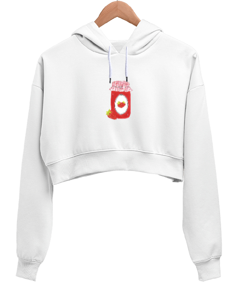 Tisho - Çilek reçeli Beyaz Kadın Crop Hoodie Kapüşonlu Sweatshirt