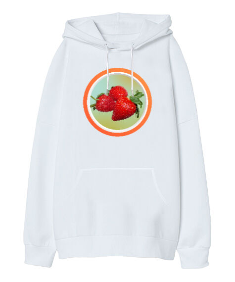 Tisho - Çilek - Strawberry Beyaz Oversize Unisex Kapüşonlu Sweatshirt