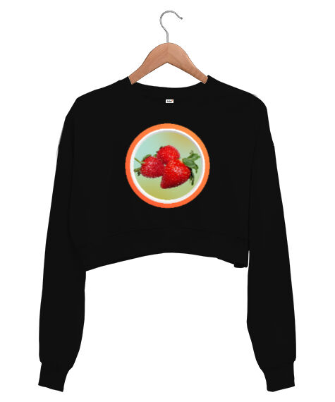 Tisho - Çilek - Strawberry Siyah Kadın Crop Sweatshirt
