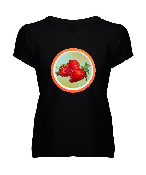 Tisho - Çilek - Strawberry Siyah Kadın V Yaka Tişört