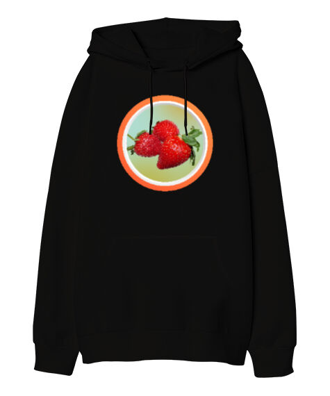 Tisho - Çilek - Strawberry Siyah Oversize Unisex Kapüşonlu Sweatshirt