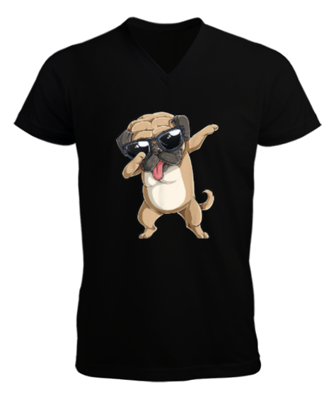 Tisho - Çılgın dansçı köpek baskılı Siyah Erkek Kısa Kol V Yaka Tişört