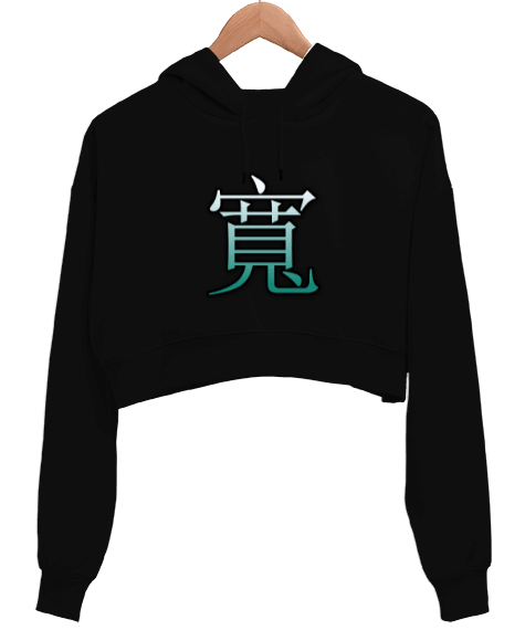 Tisho - Çince karakter yazılı tasarım Kadın Crop Hoodie Kapüşonlu Sweatshirt