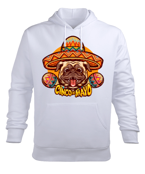 Cinco Mayo Komik Sempatik Meksika Şapkalı Gülen Köpek Beyaz Erkek Kapüşonlu Hoodie Sweatshirt