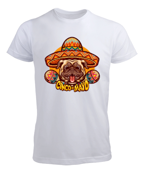 Tisho - Cinco Mayo Komik Sempatik Meksika Şapkalı Gülen Köpek Beyaz Erkek Tişört