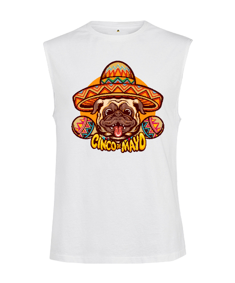 Tisho - Cinco Mayo Komik Sempatik Meksika Şapkalı Gülen Köpek Beyaz Kesik Kol Unisex Tişört