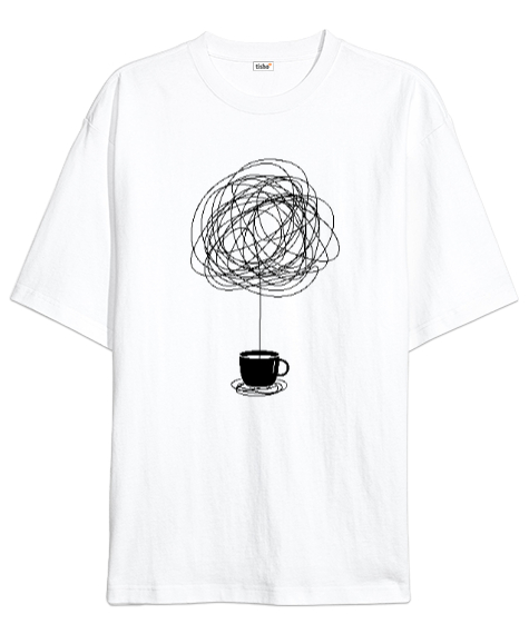 Tisho - Çizim Kahve Fincanı - Coffee Beyaz Oversize Unisex Tişört