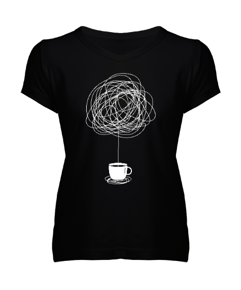 Tisho - Çizim Kahve Fincanı - Coffee Siyah Kadın V Yaka Tişört