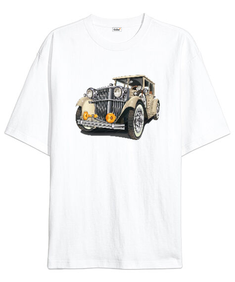 Tisho - Classic Car - Klasik Araba V2 Beyaz Oversize Unisex Tişört