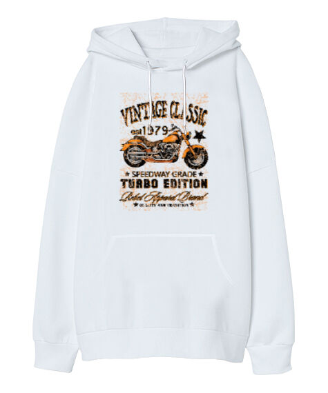 Tisho - Classic Vintage Motorcycle - Klasik Motorsiklet Beyaz Oversize Unisex Kapüşonlu Sweatshirt