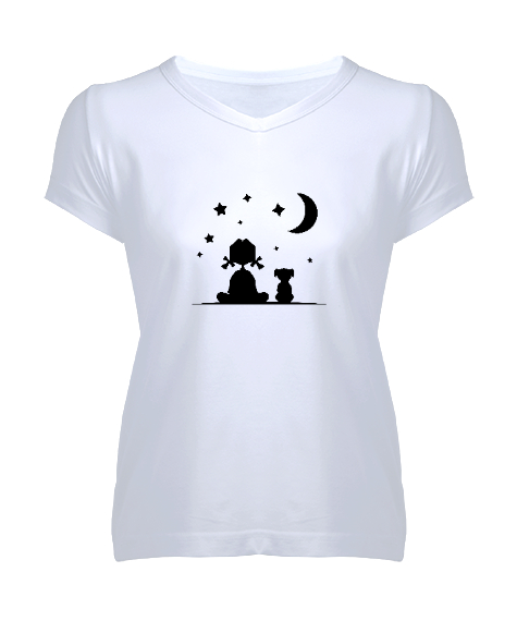 Tisho - Çocuk Köpek ve Gece Gökyüzü Beyaz Kadın V Yaka Tişört