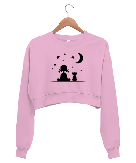 Tisho - Çocuk Köpek ve Gece Gökyüzü Pembe Kadın Crop Sweatshirt