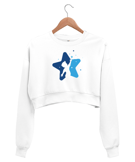 Tisho - Çocuk ve Yıldızlar Beyaz Kadın Crop Sweatshirt