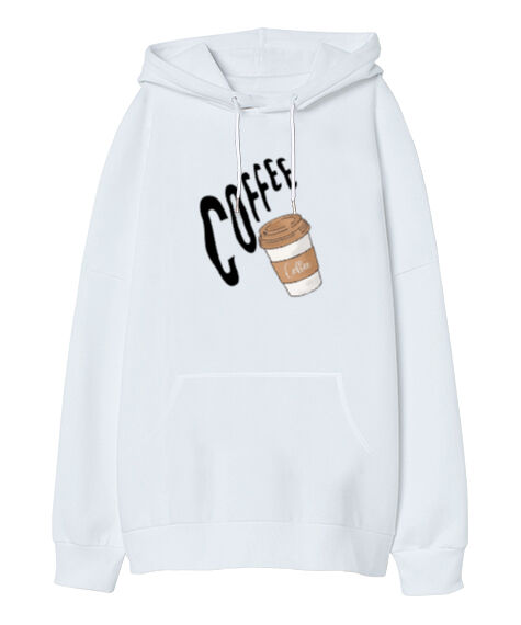 Tisho - coffee Beyaz Oversize Unisex Kapüşonlu Sweatshirt