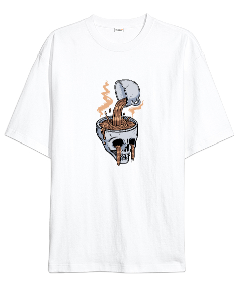 Tisho - Coffee Cup Head - Skull Beyaz Oversize Unisex Tişört