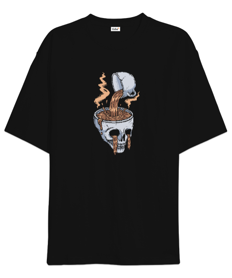 Tisho - Coffee Cup Head - Skull Siyah Oversize Unisex Tişört