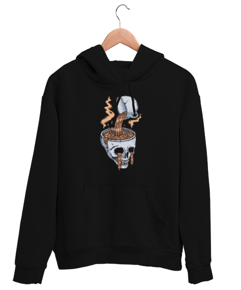 Tisho - Coffee Cup Head - Skull Siyah Unisex Kapşonlu Sweatshirt