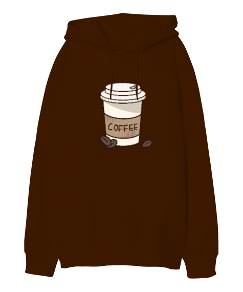 Tisho - Coffee Görselli Kahverengi Oversize Unisex Kapüşonlu Sweatshirt