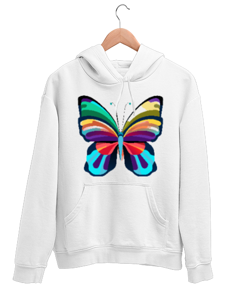 Tisho - Çok renkli kelebek Beyaz Unisex Kapşonlu Sweatshirt