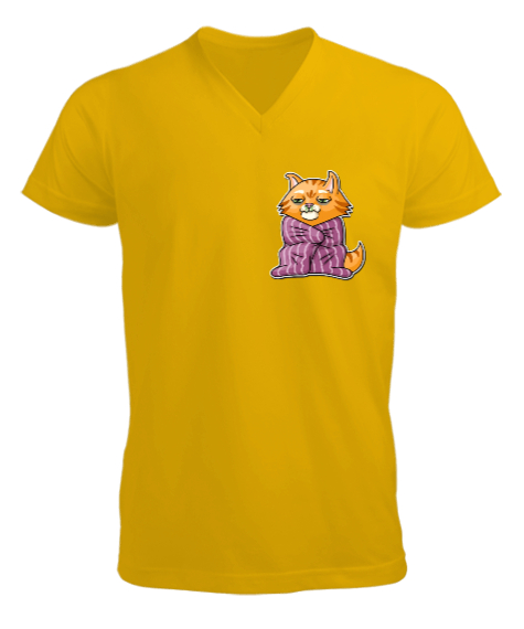 Tisho - Çok üşüyen kedi baskılı Sarı Erkek Kısa Kol V Yaka Tişört