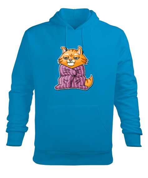 Tisho - Çok üşüyen kedi baskılı Turkuaz Erkek Kapüşonlu Hoodie Sweatshirt