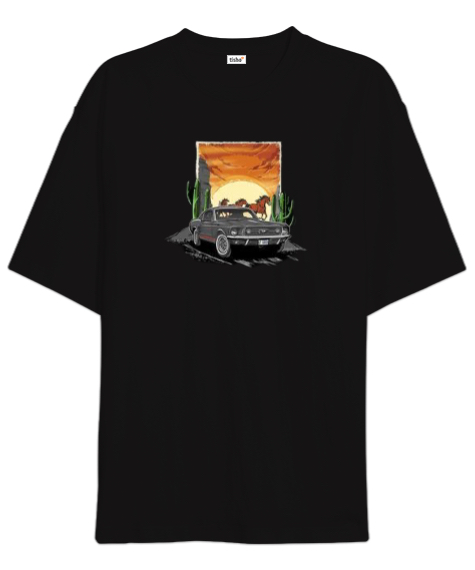 Tisho - Çöldeki siyah araba Siyah Oversize Unisex Tişört