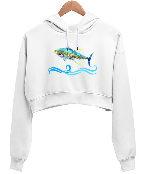 Tisho - Color Fish - Renkli Balık Beyaz Kadın Crop Hoodie Kapüşonlu Sweatshirt