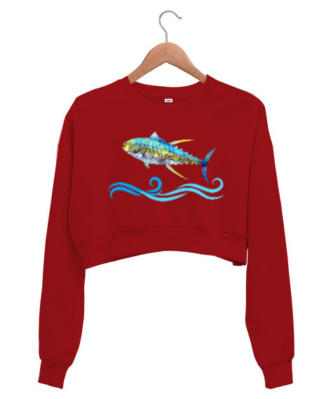 Tisho - Color Fish - Renkli Balık Kırmızı Kadın Crop Sweatshirt