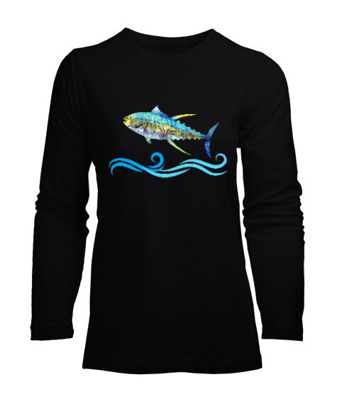 Tisho - Color Fish - Renkli Balık Siyah Kadın Uzun Kol Tişört