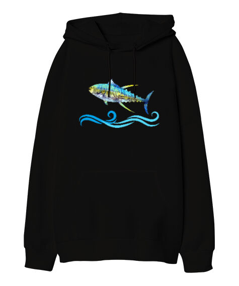Tisho - Color Fish - Renkli Balık Siyah Oversize Unisex Kapüşonlu Sweatshirt