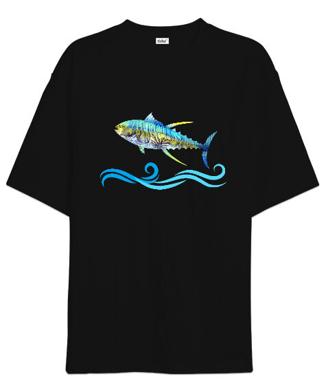 Tisho - Color Fish - Renkli Balık Siyah Oversize Unisex Tişört
