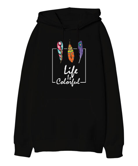 Tisho - Colorful Life Siyah Oversize Unisex Kapüşonlu Sweatshirt