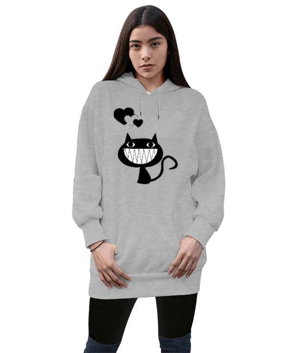 Tisho - Comic cat Kadın Uzun Hoodie Kapüşonlu Sweatshirt