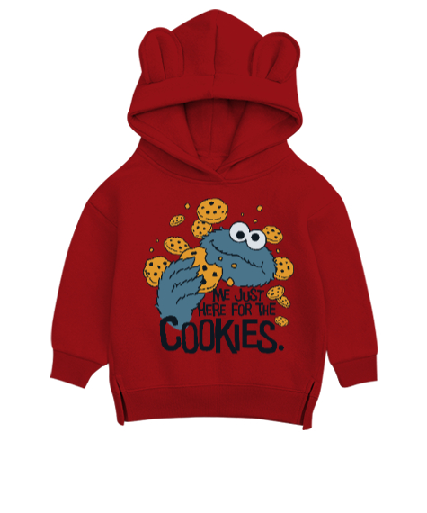 Tisho - Cookie Monster Me Just Here for the Cookies Baskılı Kırmızı Unisex Çocuk Ayı Hoodie Kapşonlu