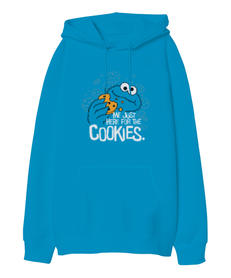 Tisho - Cookie Monster Me Just Here for the Cookies Baskılı Turkuaz Oversize Unisex Kapüşonlu Sweatshirt