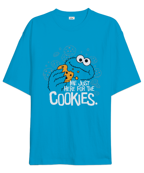 Tisho - Cookie Monster Me Just Here for the Cookies Baskılı Turkuaz Oversize Unisex Tişört
