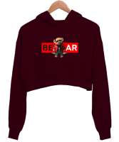 Cool Bear - Ayı Bordo Kadın Crop Hoodie Kapüşonlu Sweatshirt - Tisho