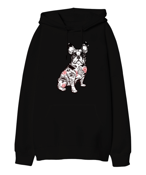 Cool Dövmeli French Bulldog Köpek Baskılı Oversize Unisex Kapüşonlu Sweatshirt