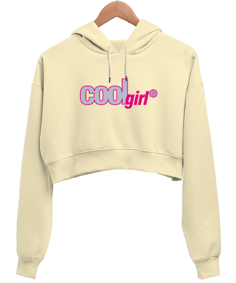 Tisho - Cool Girl Krem Kadın Crop Hoodie Kapüşonlu Sweatshirt