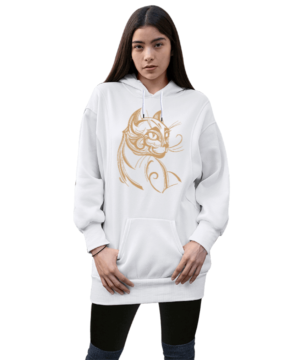 Tisho - COOL KEDİ Kadın Uzun Hoodie Kapüşonlu Sweatshirt