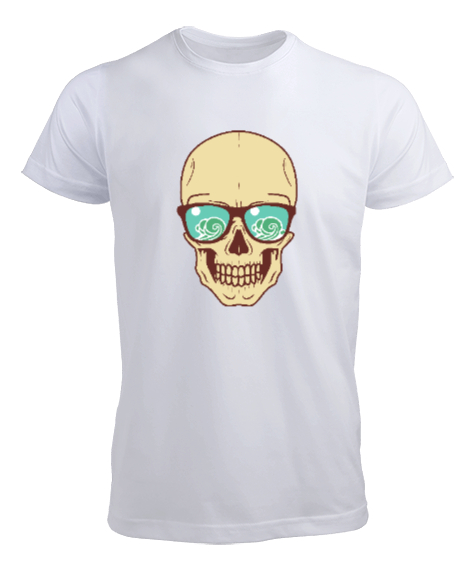 Cool Mavi Gözlüklü Gülen Kurukafa Beyaz Erkek Tişört