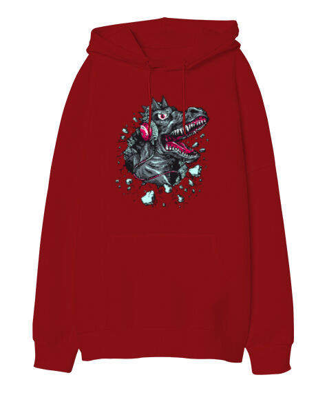Tisho - Cool Monster Music - Canavar Kırmızı Oversize Unisex Kapüşonlu Sweatshirt