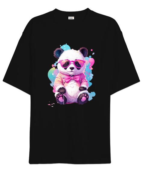 Tisho - Cool Panda Tasarımı Baskılı Siyah Oversize Unisex Tişört