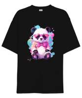 Cool Panda Tasarımı Baskılı Siyah Oversize Unisex Tişört - Tisho