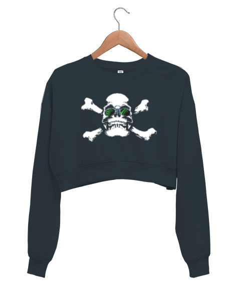 Tisho - Cool Skull - Kafatası Füme Kadın Crop Sweatshirt