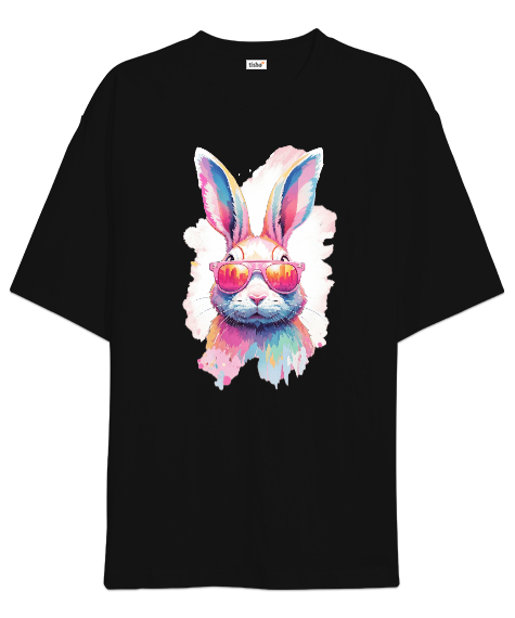 Tisho - Cool Tavşan Tasarımı Baskılı Siyah Oversize Unisex Tişört