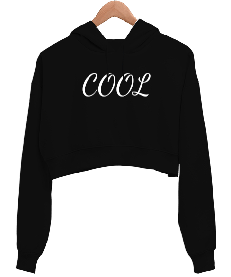 Tisho - Cool yazılı Siyah Kadın Crop Hoodie Kapüşonlu Sweatshirt
